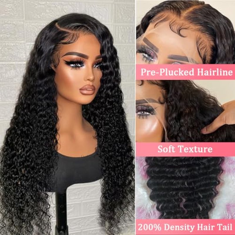 13x6 Deep Wave Lace Front Wigs Human Hair Wigs for Women 200 Density HD Transparent Deep Curly Lace Frontal Wigs Human Hair Pre Plucked with Baby Hair Natural Color 24 Inch