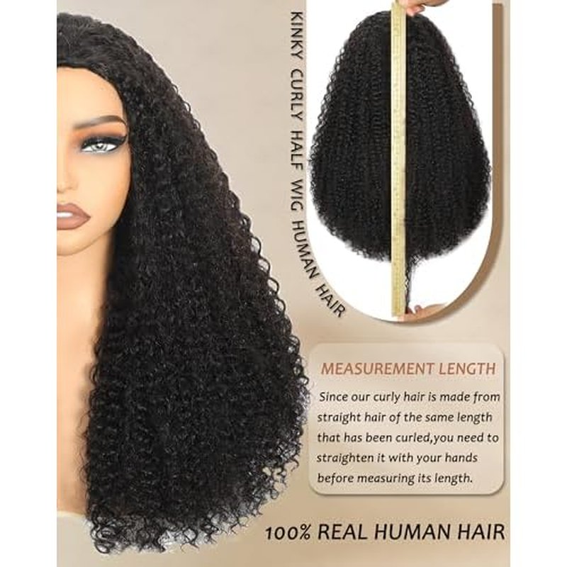 Kinky Curly Half Wig Human Hair - 200% Density, 18 Inch, Glueless Wear & Go, 3 in 1, Flip Over, Headband, Drawstring Wig, Natural Look, Beginner Friendly (Natural Black, 18 Inch, Kinky Curly)