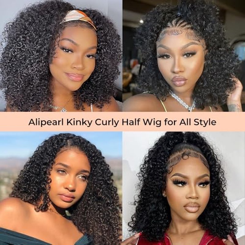 Ali Pearl Curly Half Wig Human Hair Real 180% Density Glueless Upgrade 3 IN 1 Half Wig with Drawstring Seamless Clip ins Flip Over Kinky Curly Human Hair for Beginner Friendly No Glue No Lace16 Inch
