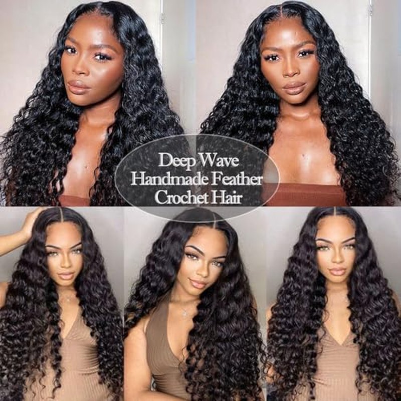 Knotless Pre Separated Deep Wave Crochet Human Hair Feather 100% Raw Real Hair Extensions for Braiding Feather Line Human Crochet Deep Wave Curly Hair Extensions With String 22inch 60g