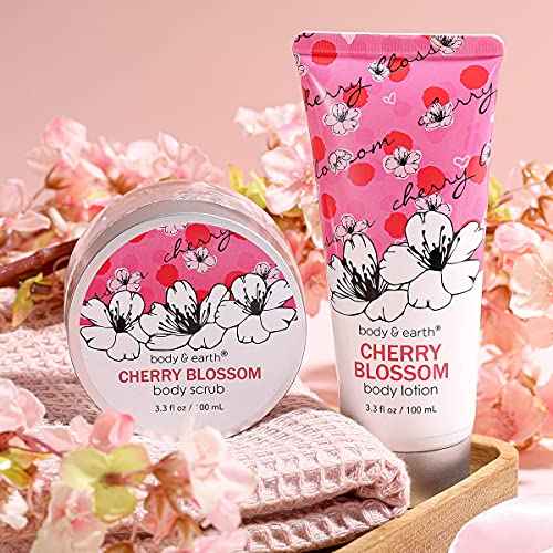 Bath and Body Gift Set for Women - Cherry Blossom Scent with Double-Layer Spa Gift Box, 5 Piece Home Spa Set Includes Shower Gel, Body Scrub, Body Lotion, Hand Soap, Rose Flower, Bath Set Gift for Her