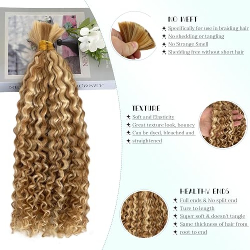 Blonde Curly Human Braiding Hair for Boho Braids 150g 24 Inch Wet and Wavy Long Boho Hair for Braiding Knotless Highlighted 27p613 No Weft Bulk Bohemian Human Hair 3 Bundles/Pack