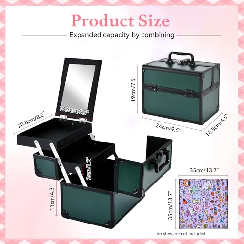 Makeup Train Case, Portable Makeup Case with Mirror, 2-Trays Cosmetic Organizer Case,Nail Polish Organizer, Travel Makeup Box, Profesional for Salon Barber, Green