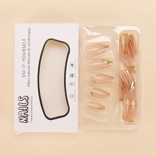 Press on Nails Almond Fake Nails French Tip False Nails with Gold Line Design Glue on Nails Press ons Medium Acrylic Nails Glossy Full Cover Stick on Nails for Women Manicure 24Pcs