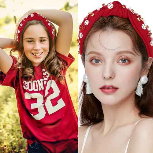 YARIEW Baseball Top Knot Headband for Women & Girls - Wide Knotted Jeweled Accessory for Game Day, Sports Fan, Mom, Halloween & Christmas Gifts (Red)