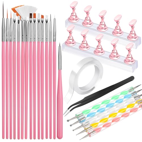 FANDAMEI Nail Art Tools, Nail Brush, 15 PCS Nail Art Brushes, 5 PCS Nail Dotting Tool, Nail Stand, Nail Holder For Painting Nails, Press On Nail Stand, Nail Tools, Nail Design Tools