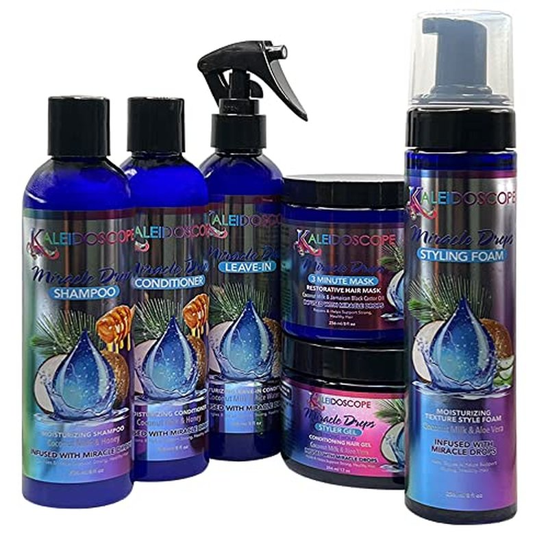 Kaleidoscope - Miracle Drops Collection ? Coconut Milk, Honey & Aloe Vera, Rice Water Moisturizing Blend ? Shampoo, Conditioner, Leave-In Conditioner, 3 Minute Mask, Styling Gel, Styling Foam ? Hair Care Bundle 6 Pcs Set
