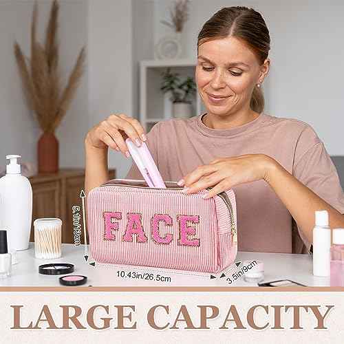 4 Pcs Travel Toiletry Bags for Women Preppy Makeup Bags Organizer Face Skin Hair Stuff Chenille Letter Pouch with Zipper Aesthetic Corduroy Skin care Hair Bag for Women Gifts