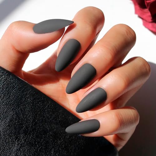 Glamnetic Press On Nails - Red Bottom | Red Accent Dual Side Medium Almond Fake Nails with a Black Matte Finish, Salon Quality Halloween Nails | 15 Sizes - 30 Nail Kit with Glue