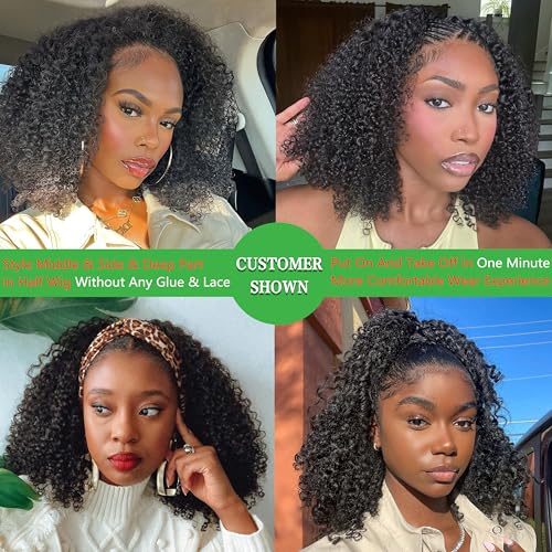 ZIYU Half Wig Human Hair - 200% Density Wear Go Glueless Wigs Human Hair 12 Inch Kinky Curly 3 In 1 Half Wig for Women Drawstring Seamless Flip Over Headband Wig Beginner Friendly