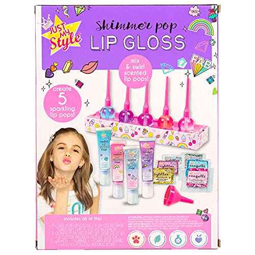 Just My Style Shimmer Pop Lip Gloss, Create 5 Lollipop-Shaped Lip Glosses, Includes Funnel, Empty Lip Gloss Containers, Sweet Lip Gloss Base, Body Glitter & More, DIY Lip Gloss, Multi (208316J)