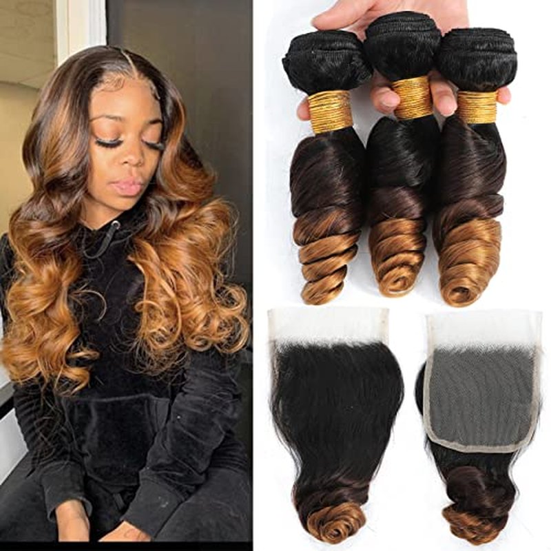 Ombre Bundles With Closure Loose Wave Bundles With Closure Human Hair Bundles With Closure 100% Brazilian Virgin Human Hair 3 Bundles With 4x4 Lace Closure Ombre Color T1B/4/30 (14 16 18+12)