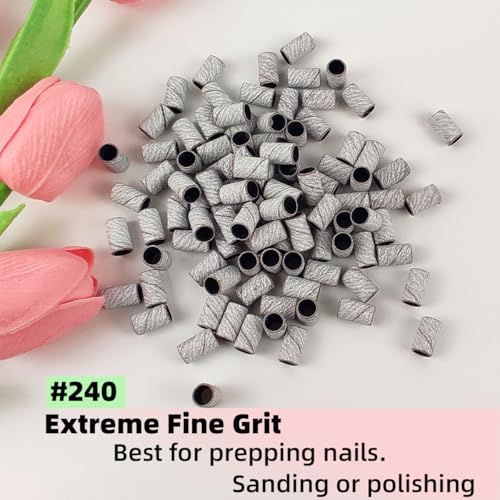 100 Pcs (240 Grit White)Sanding Bands Nail Drill Bit with 0.31in diameter,Nail Drill Bits Extreme Fine Grit Sanding Band,Sanding Belt Upgrade Mandrel Bits,Professional Nail Drill Bit for Acrylic Nails