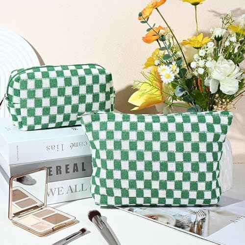 Travel Makeup Bag, Checkered Cosmetic Bag Make Up Organizer Case for Women, Small Toiletry Bag Skincare Pouch for Toiletries Accessories Brushes, 2PCS