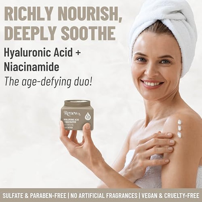 Hyaluronic Acid + Niacinamide Body Butter for Dry Skin ? Deep Hydrating Skin Care, Skin Perfecting Vegan Skincare, 16 oz