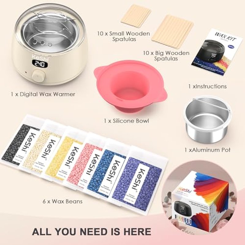 KeShi Waxing Kit for Women and Men, Digital Wax Warmer with 6 Bags Hard Wax Beads, at-Home Hair Removal Wax Kit for Full Body, Face, Eyebrow, Bikini, Legs, Brazilian & Sensitive Skin(Silky Cream)