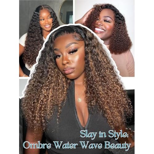 12A Ombre Human Hair Bundles Water Wave, Chestnut Ombre Brown 100% Remy Human Hair Curly 3 Bundle Wet and Wavy Thick 3 Tone Colored #T1B/2/30 Dark Roots Keep Soft After Washes 10 12 14 Inch