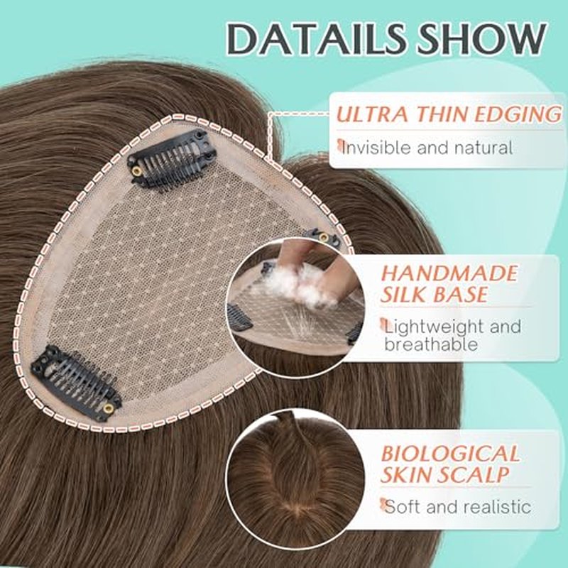 Benehair Human Hair Topper for Women - 9 * 12CM Silk Base, No Bangs, 150% Density, 100% Remy Hair Piece for Thinning Hair - Dark Brown, 12 Inch