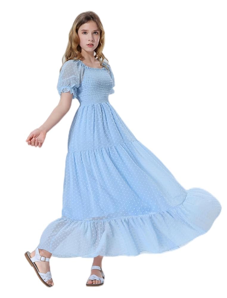 Mebius Girls Maxi Long Dress Flowy Dresses A-line Square Neck Short Sleeve Swiss Dot Smocked Casual 10-12 Light Blue 7Y