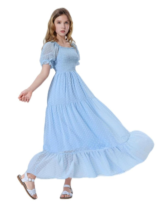 Mebius Girls Maxi Long Dress Flowy Dresses A-line Square Neck Short Sleeve Swiss Dot Smocked Casual 10-12 Light Blue 7Y