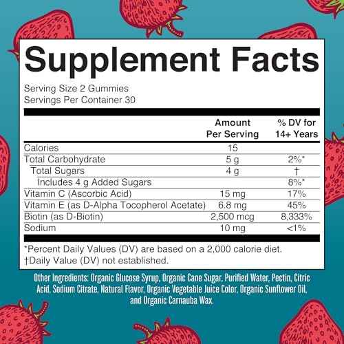 MaryRuth's Hair Skin and Nail Vitamins | USDA Organic | 2500 mcg Biotin Gummies with Vitamin C & Vitamin E | Hair Growth Vitamins | Skin Care | Nail Growth | Ages 14+ | 60 Count