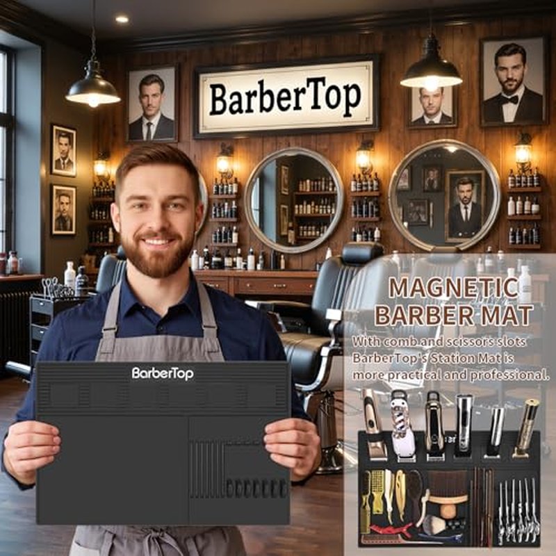 Magnetic Barber Mats for Clippers, with 6 Magnets & Dedicated Slots - 19.29"x12.6" Anti-Slip Heat Resistant Barber Station Organizer Mat, Scissors, Combs & Salon Tools Pad for Grooming Table Tray