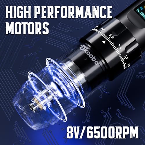 Tattoo Gun Kit with Kooba Wireless Tattoo Machine/Pen 1800mAh Battery Normal/Stippling Mode RCA Convert Adapter 3 Speed Memory Function 7 Strokes Length 20 Cartridges Needles for Artists & Beginners