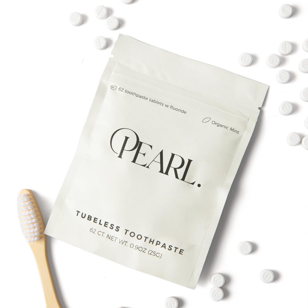 Pearl. Lux: Sea Glass Jar + 62 Tablets + Mint Floss + Bamboo Toothbrush | Dentist Designed | Natural Whitening | TSA Approved | Reusable Packaging