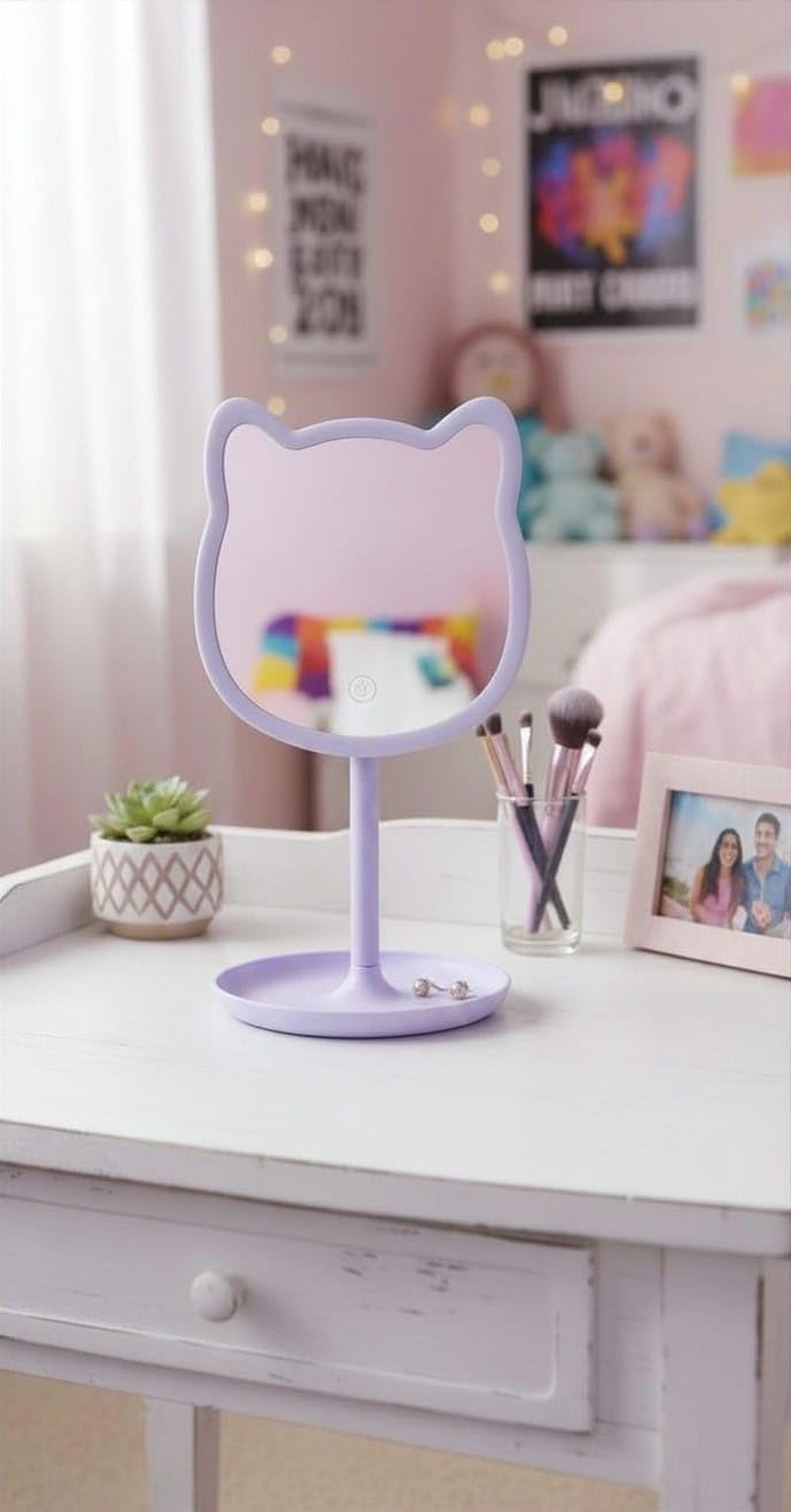 Puurrfect Mirror Gifts, Cute Cat Ears Shape Mirrors Makeup with LED Lights Touch Control (Violet) Purple. Smart Touch.