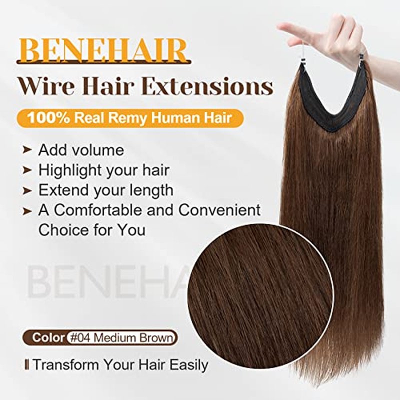 Benehair Human Hair Extensions Thick Ends Invisible Wire Real Human Hair with 2 Fish Lines Thicker Hairpieces 20inch 110g Medium Brown Hair Extensions Straight Thicker Hairpieces for Women #4