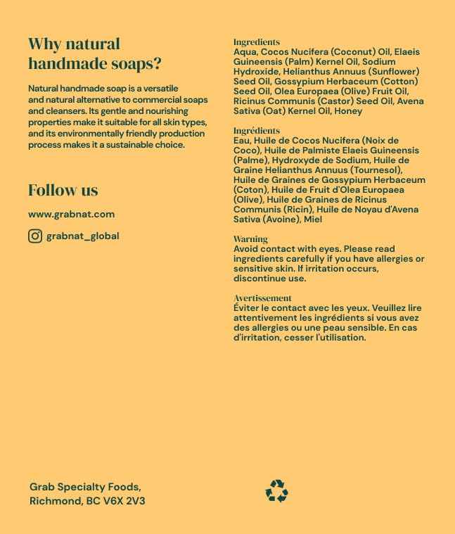 GrabNat 4-Pack Oatmeal Honey Soap | Handmade, All-Natural, Cold-Processed | Gentle Cleanse for Face & Body, Suitable for All Skin Types (4 x100grams/4 x 3.5oz)