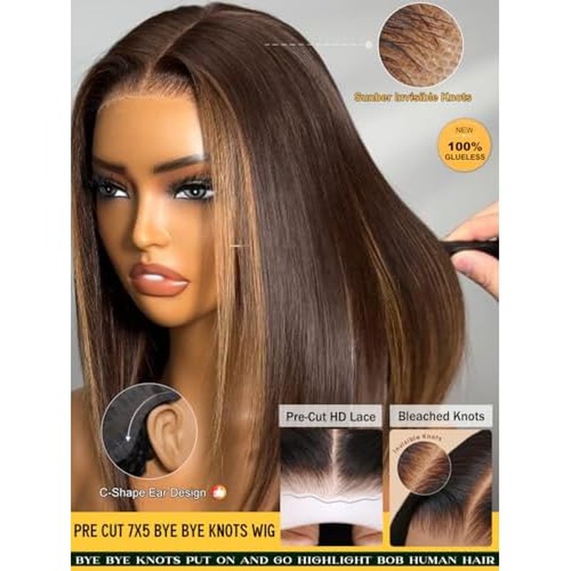 Sunber Ombre Brown Highlights Blonde Bob Human Hair Glueless Wig Bye Bye Knots Pre Everything 7x5 Lace Front Bob Wigs Pre Cut Lace Pre Plucked Pre Bleached Knots 150% Density 3S Put On and Go 10Inch