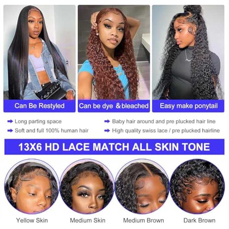Oxcart Deep Wave Lace Front Wigs Human Hair 22 Inch 200 Density 13x6 HD Lace Frontal Wigs Pre Plucked Glueless Brazilian Virgin Human Wig with Baby Hair Deep Wave Wigs for Women Natural Black
