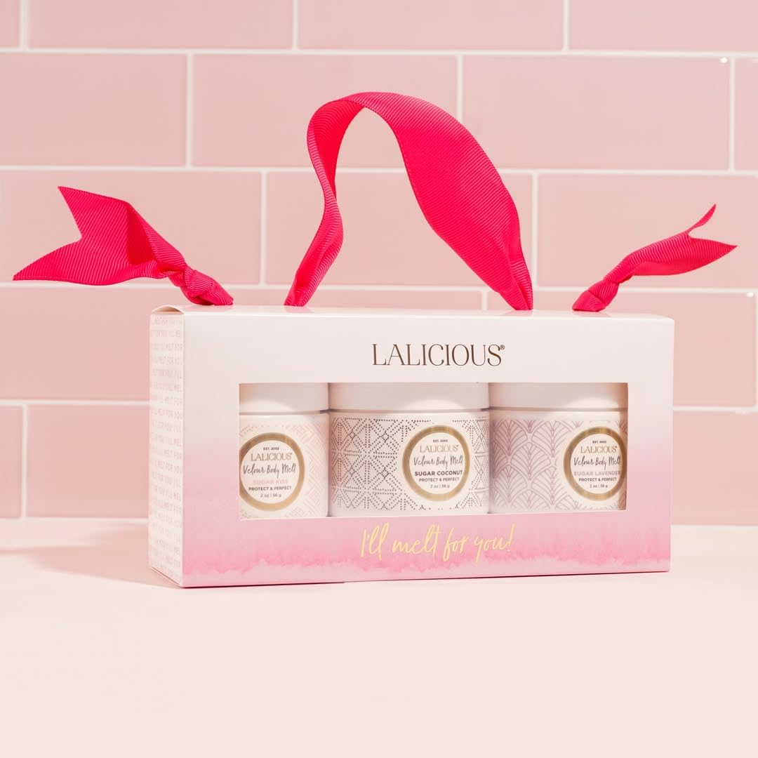 LALICIOUS Velour Body Melt Gift Set - 3-Piece Balm-to-Oil Body Moisturizer Skin Care Kit with Vitamin E & Macadamia Nut Seed Oil - Shave Balm, Hand & Foot Mask, Hair & Scalp Mask & More (3 Piece Kit)