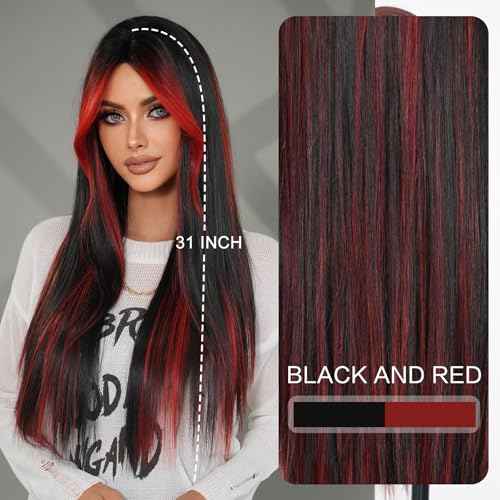 7JHH WIGS 31in Ombre Red Black Long Straight Highlight Wigs with Curtain Bangs Natural Heat Resistant Synthetic Fiber Layered Highlight Midlle Part Women Wigs for Chrismas Daily Party Daily Used