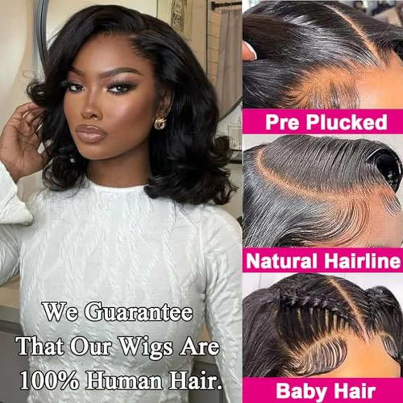13X6 18inch 230%Density Natural Black Bob Wig Human Hair, Body Wave Wig Human Hair, Short Bob Lace Front Wigs Human Hair, Bob Wigs For Black Women, Pre Plucked With Baby Hair HD Transparent Lace