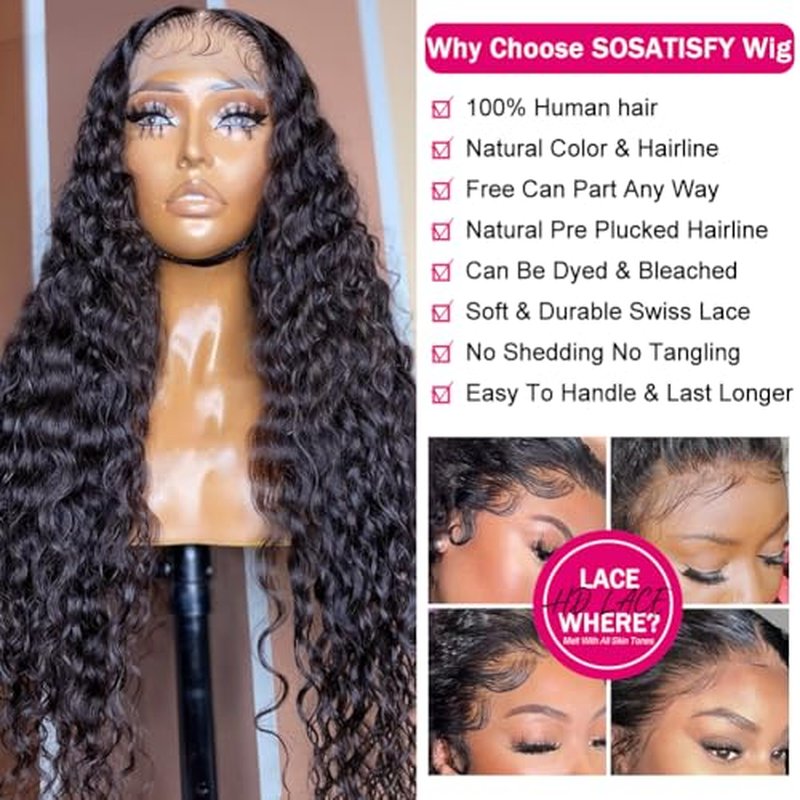 SOSATISFY Deep Wave Lace Front Wigs Human Hair 4x4 HD Transparent Lace Closure Wigs Glueless 180% Density Human Hair Wigs for Black Women Pre Plucked with Baby Hair (22 inch)