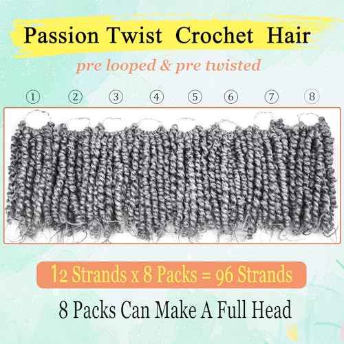 8 Inch Passion Twist Crochet Hair for Black Women 8 Packs Pre-twisted Passion Twists Crochet Braids Hair Pre-looped Bohemian Twists Synthetic Braiding Hair Extensions (12Strands/pack;TGrey#)