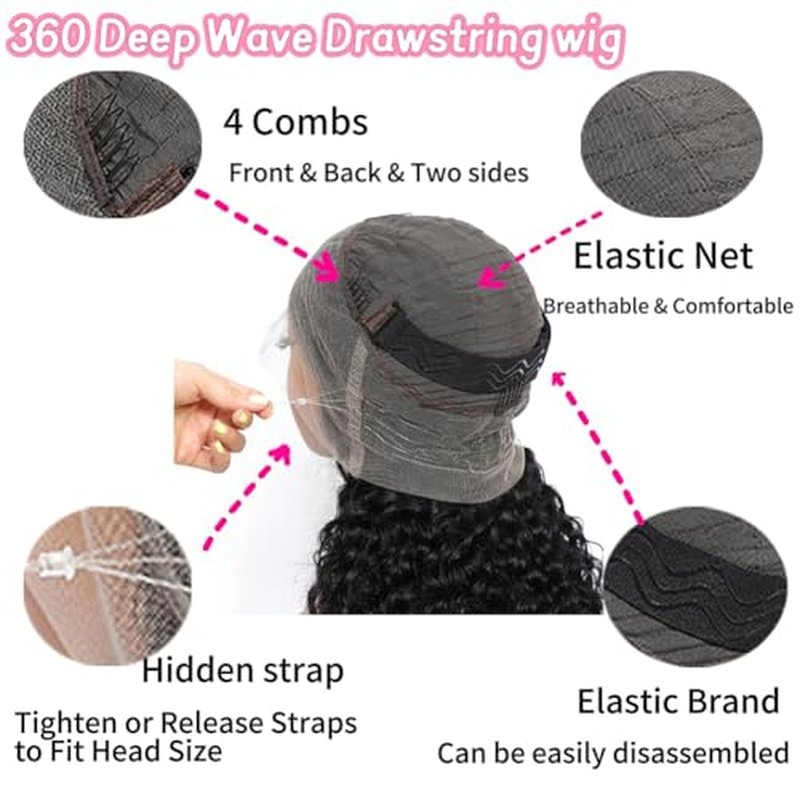 Hidden Strap 360 Lace Front Wigs Human Hair Deep Wave Lace Front GluelessWigs Human Hair Pre Plucked with Drawstring 200% Density 360 Full Lace Frontal Wigs for Black Women 16 Inch
