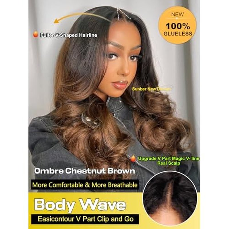 Sunber EasiContour V Part Human Hair Glueless Ombre Chestnut Brown Body Wave Wig Upgrade Vpart Wigs 180% Density No Leave Out No Gel V Shape Clip No Sew in Beginner Friendly Put On and Go 16Inch