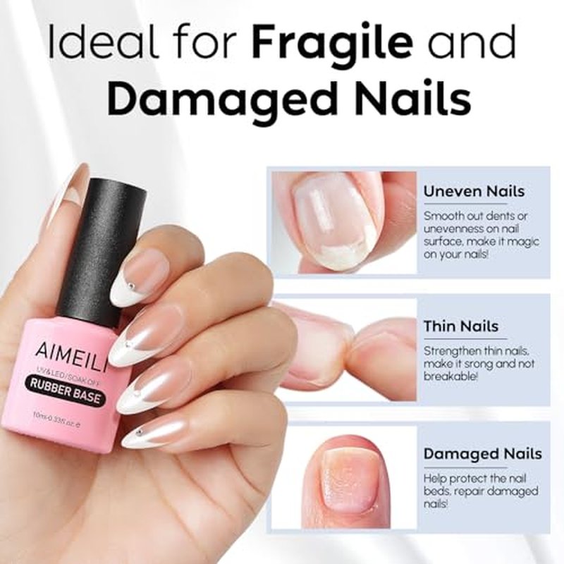AIMEILI Clear Rubber Base Gel For Nails, Soak Off U V LED Hema Free Gel Nail Polish, 4 in 1 Nail Strengthen/Enhance/Base Coat/Color 10ml
