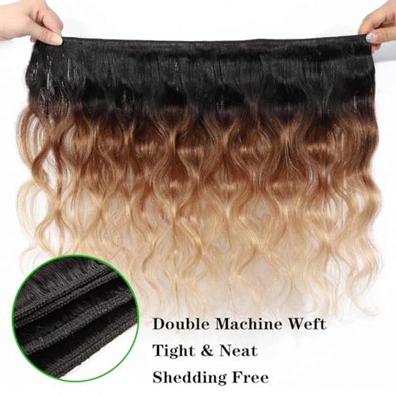 Kapelli Ombre Human Hair Bundles Body Wave (T1B/4/27,18" 20" 22") 10A 100% Brazilian Virgin Remy Hair Bundles 3 Tone Black to Blonde Human Hair Weave