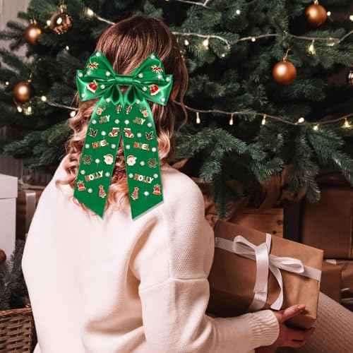 Christmas Hair Bow Clip Christmas Snowflake Tree Reindeer Santa Claus Crystal Embellished Hair Bow Barrettes Xmas Winter Holiday Big Bow Hairpin Accessories Gift (green Christmas bow)