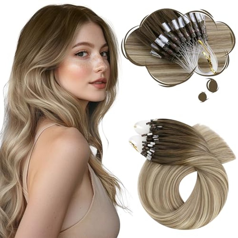 Moresoo Microlink Hair Human Hair Extensions Dark Brown to Light Brown with Light Blonde Balayage Micro Loop Hair Extensions Human Hair for Women 50G/50S 24 Inch