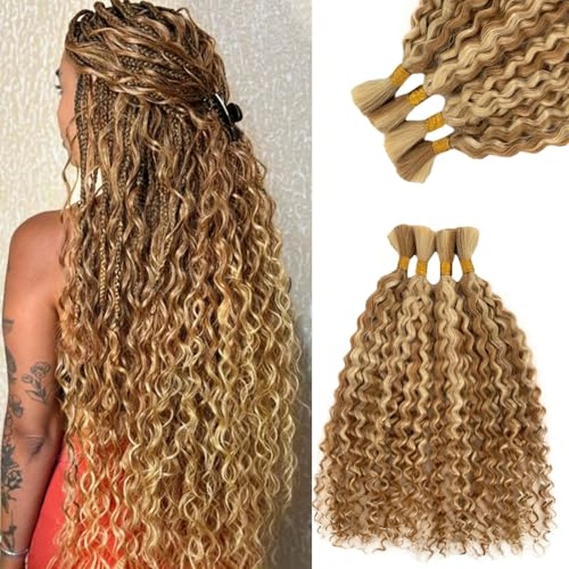 Blonde Curly Human Braiding Hair for Boho Braids 150g 24 Inch Wet and Wavy Long Boho Hair for Braiding Knotless Highlighted 27p613 No Weft Bulk Bohemian Human Hair 3 Bundles/Pack
