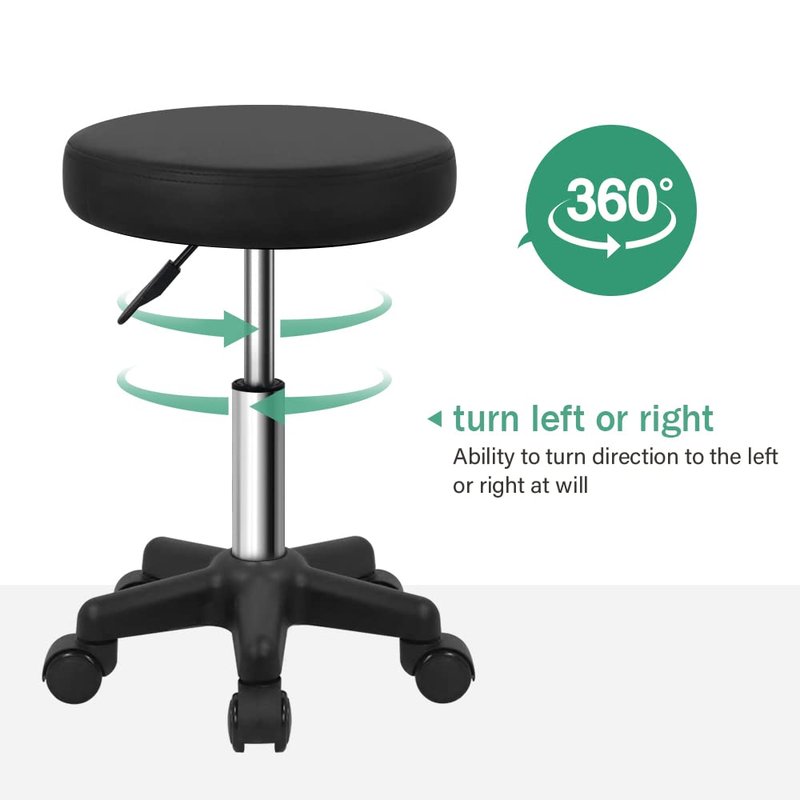 FURWOO Round Rolling Stool Height Adjustable Stool with Wheels for Spa Salon Massage Black