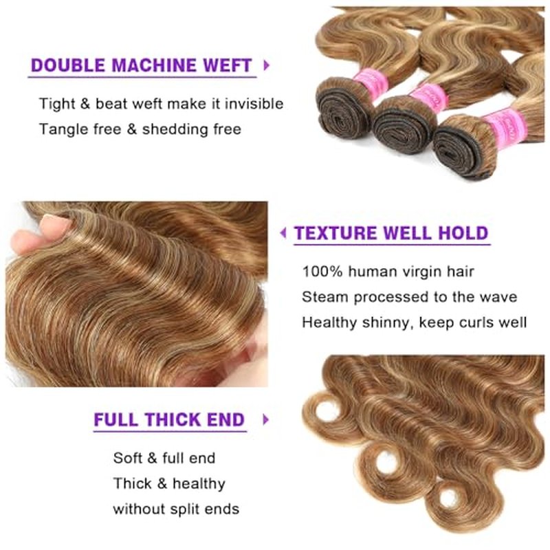 Vallbest Ombre Human Hair Bundles with Closure 14 16 18 +12 Inch Highlight Blonde Bundles Human Hair 4/27 Brown Body Wave with 4x4 Closure 12A Brazilian Virgin Remy Weave Raw Hair Extensions