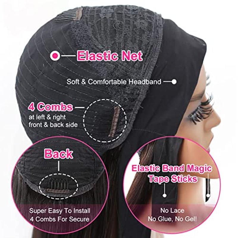 Headband Wig Deep Wave Human Hair Glueless None Lace front Human Hair Brazilian Virgin Machine Mlade Deep Curly Hair Headband Half Wigs for Black Women, Reddish Brown Headband Wig,24 inch