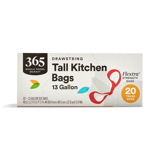 365 by Whole Foods Market, Flextra Strength Drawstring Tall Kitchen Trash Bags, 13 Gallon, 20 Count