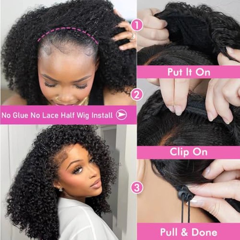 Kinky Curly Half Wig Human Hair Wear Go Glueless Wigs 18 Inch Curly 3 In 1 Half Wigs for Black Women Drawstring Seamless Flip Headband Wig Human Hair Beginner Friendly